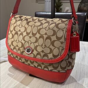 Coach Coral Red and Tan Signature Shoulder Bag